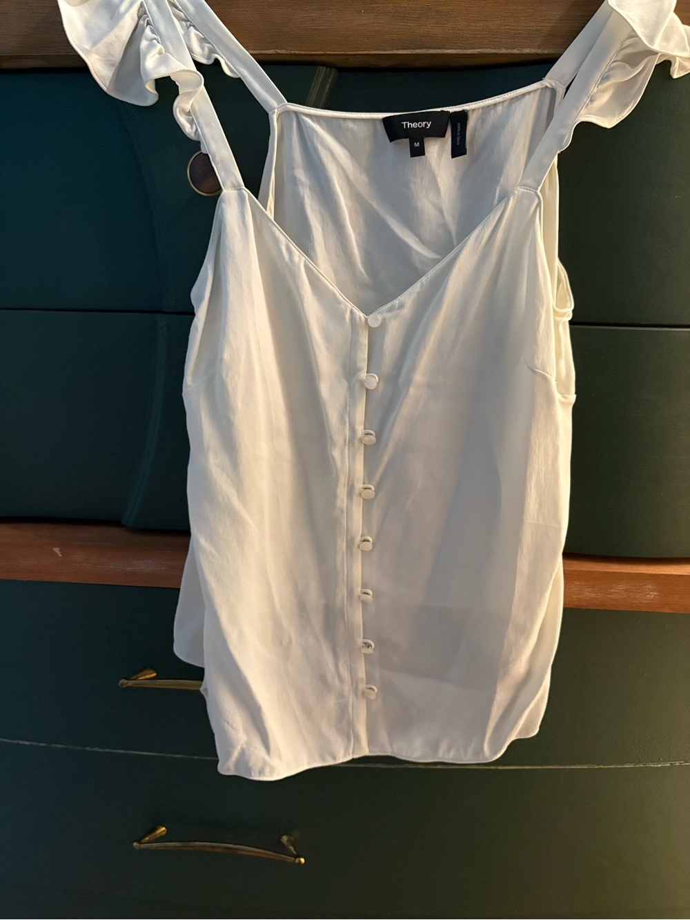 Theory White 100% Silk Button-Front Ruffle Strap Tank